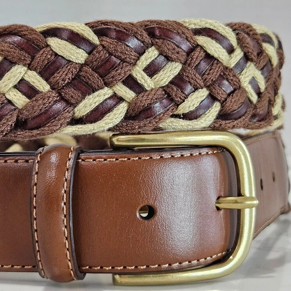 Tommy Bahama Mens Braided Canvas & Leather Belt Brown Beige Size 40 Brass Buckle